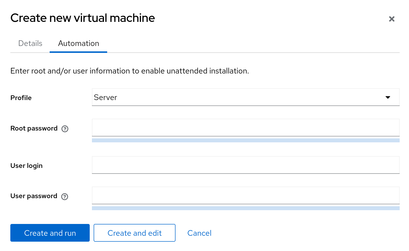 The automated create VM dialog