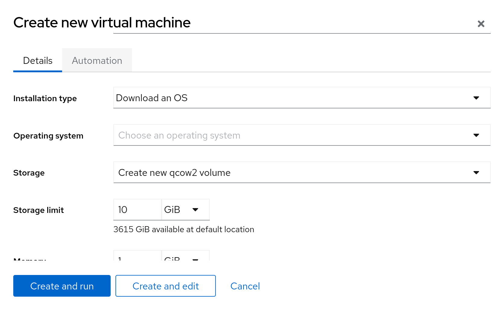 The create VM dialog