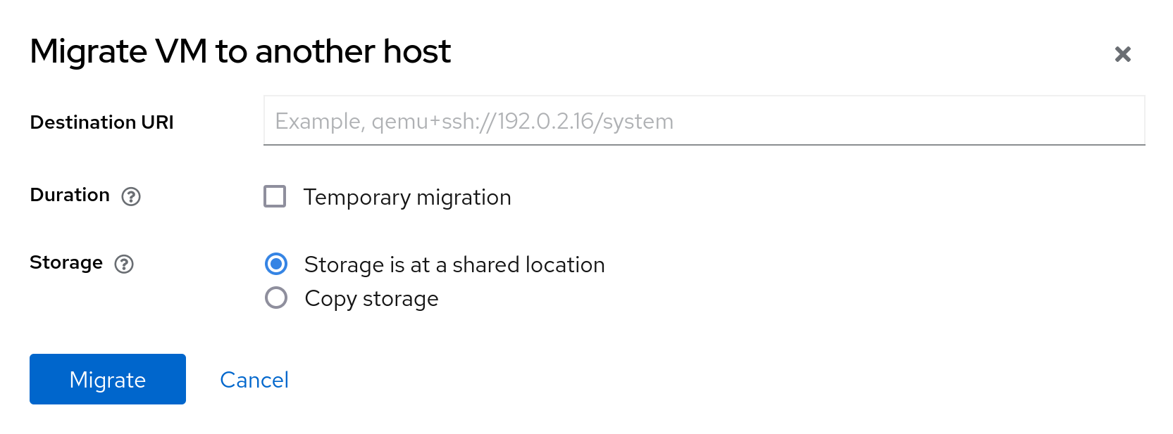 The migrate VM dialog